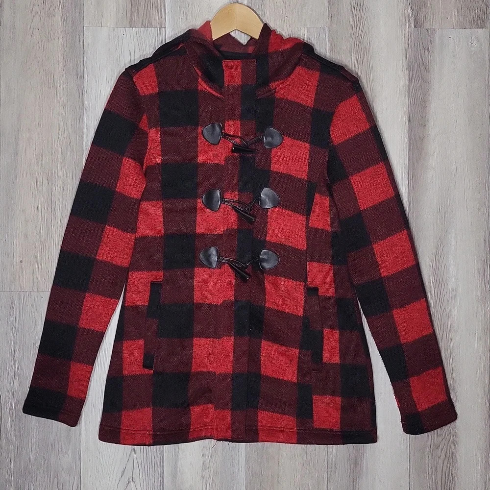 Madden Girl Medium Red Black‎ Buffalo Check Hooded Full Zip Fleece Coat Casual